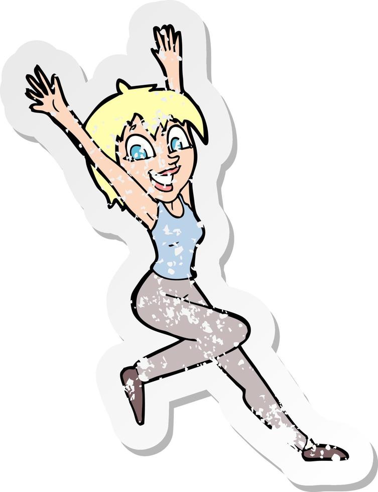 retro distressed sticker of a cartoon excited woman vector