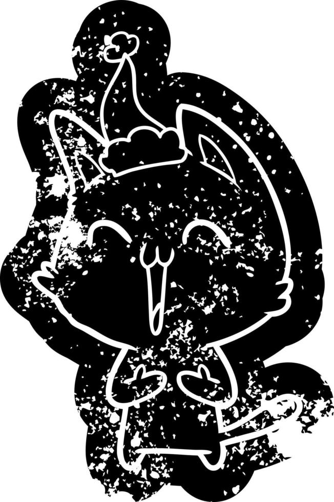 happy cartoon distressed icon of a cat wearing santa hat vector