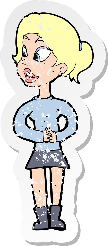 retro distressed sticker of a cartoon girl talking vector