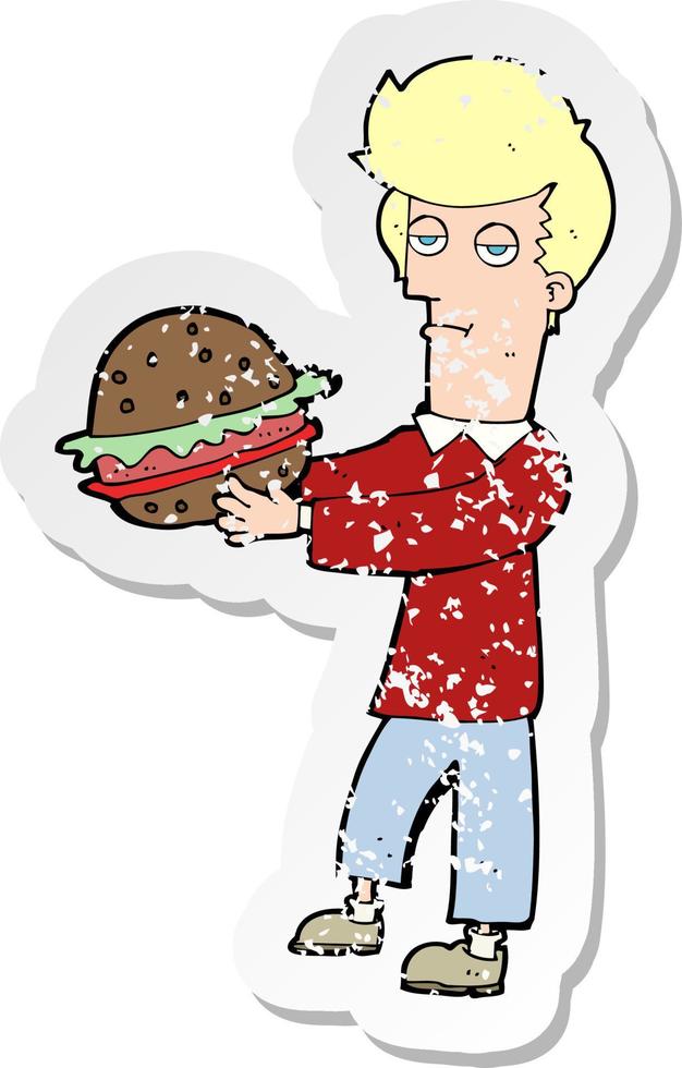 pegatina retro angustiada de un hombre de dibujos animados comiendo hamburguesa vector