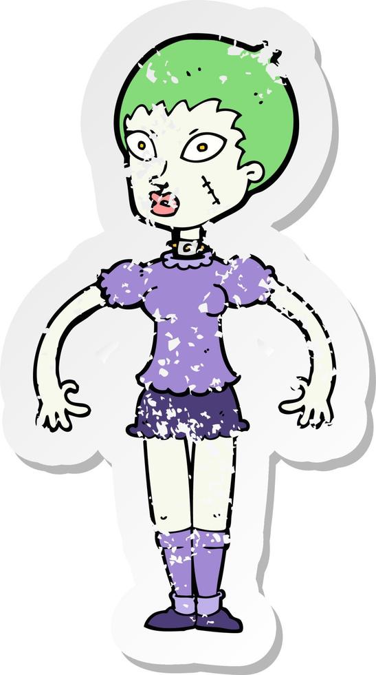 retro distressed sticker of a cartoon zombie monster woman vector