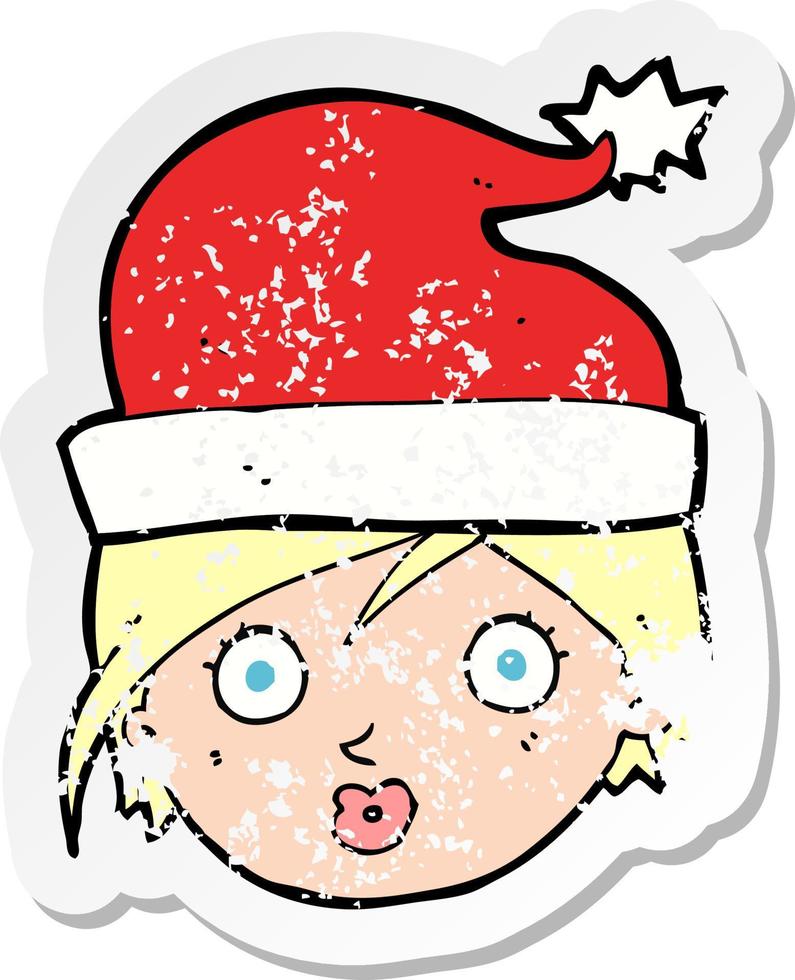 retro distressed sticker of a cartoon woman wearing christmas hat vector