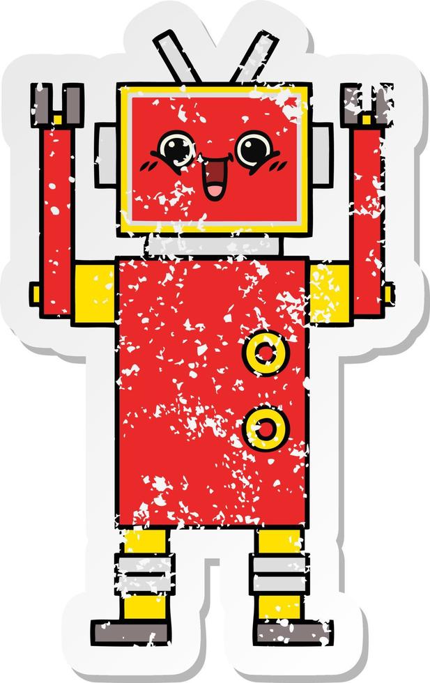 pegatina angustiada de un lindo robot feliz de dibujos animados vector