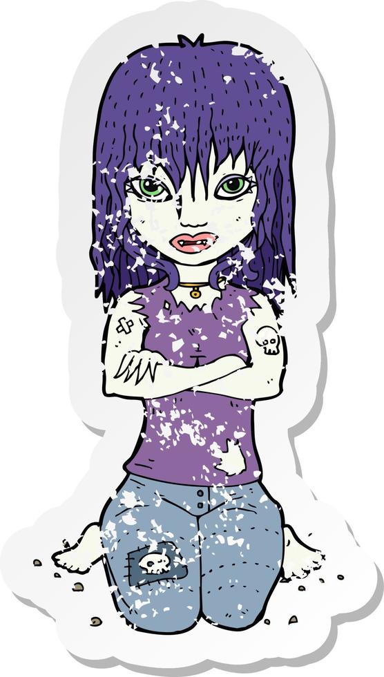 retro distressed sticker of a cartoon vampire girl vector