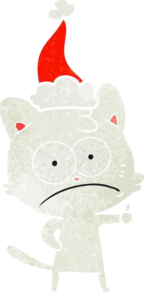 retro cartoon of a nervous cat wearing santa hat vector