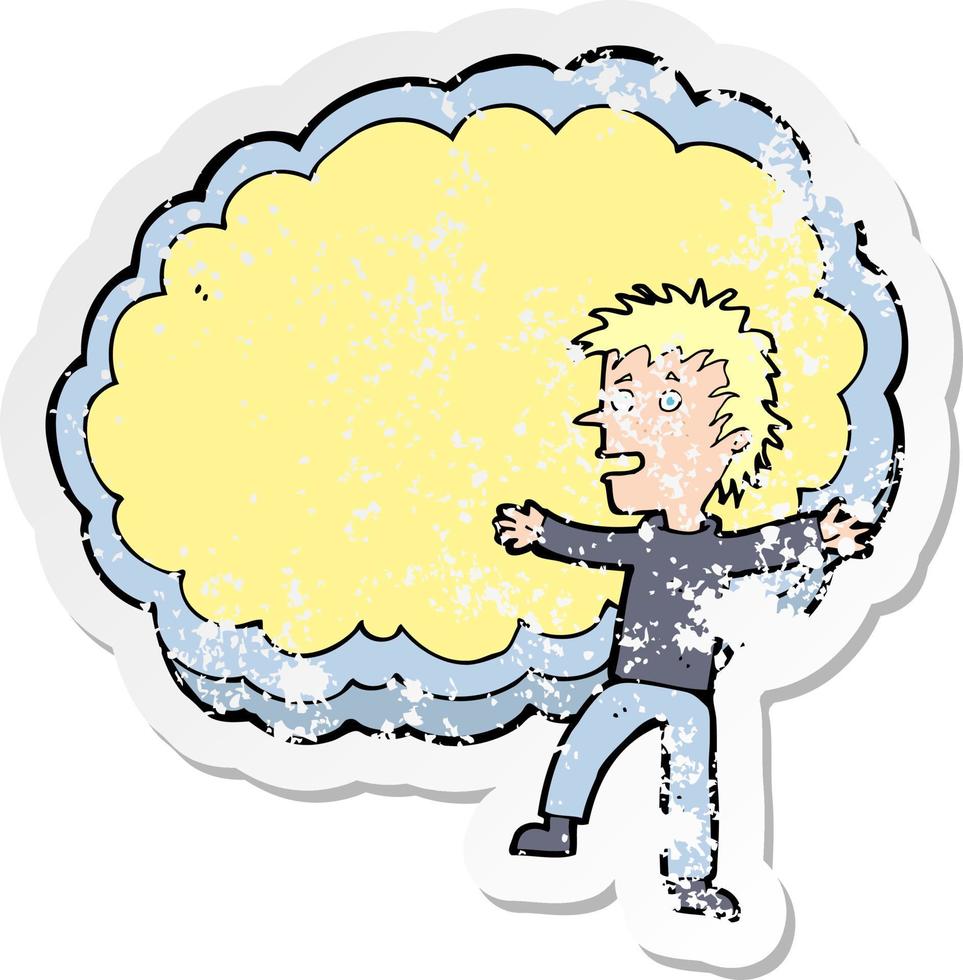 retro distressed sticker of a cartoon man with text space cloud vector