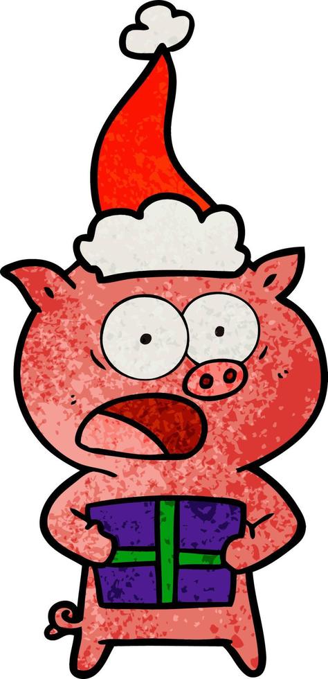 textured cartoon of a pig with christmas present wearing santa hat vector