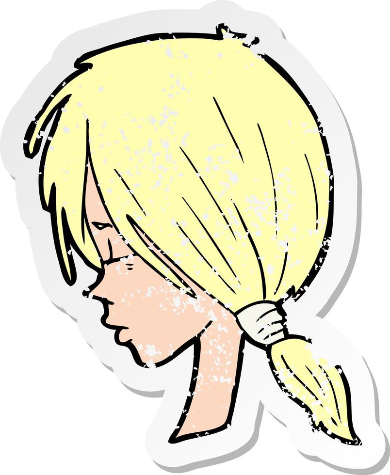 retro distressed sticker of a cartoon girl looking thoughtful vector