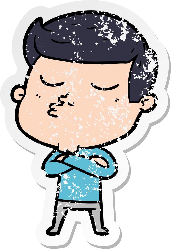 distressed sticker of a cartoon model guy pouting vector