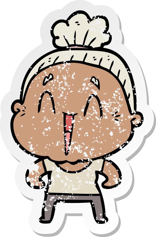 distressed sticker of a cartoon happy old lady vector