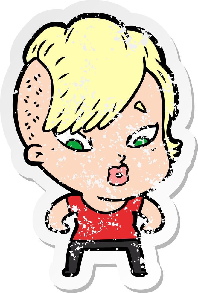 distressed sticker of a cartoon surprised girl vector