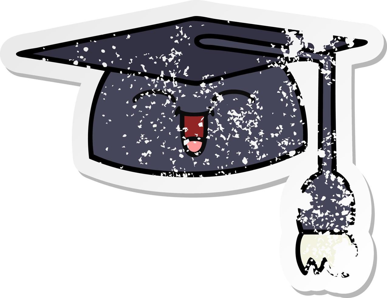 distressed sticker of a cute cartoon graduation hat vector