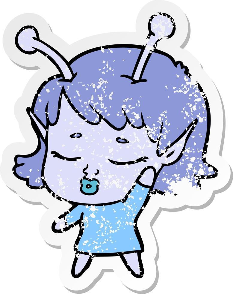 distressed sticker of a cute alien girl cartoon vector