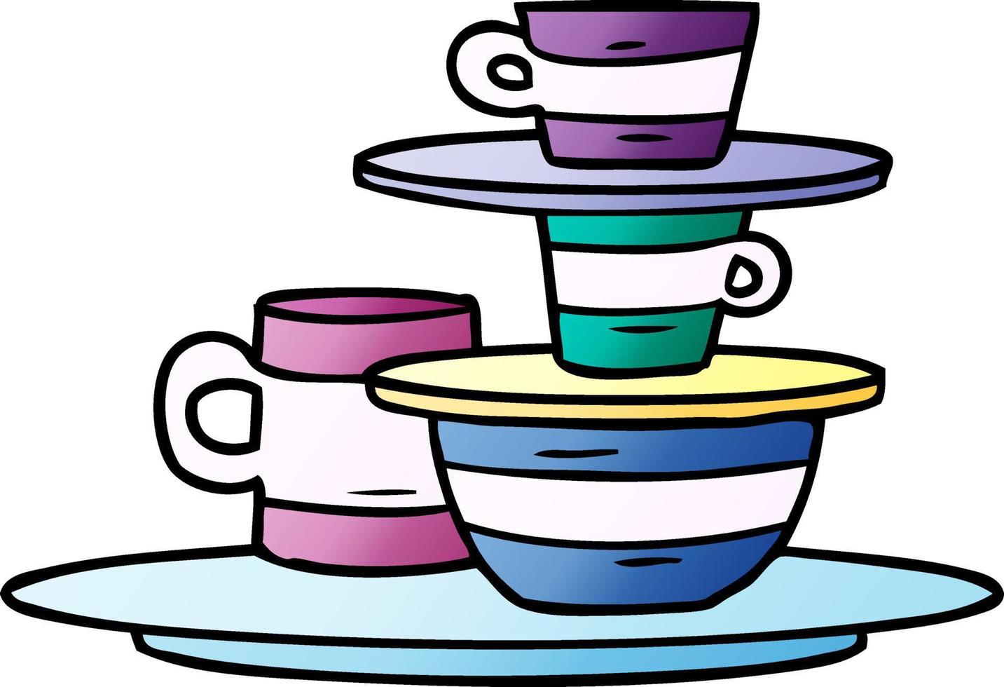 gradient cartoon doodle of colourful bowls and plates vector