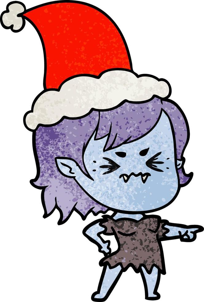 annoyed textured cartoon of a vampire girl wearing santa hat vector