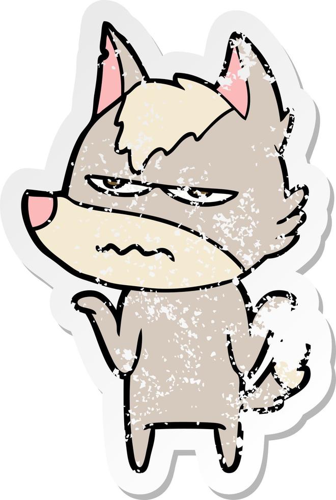 distressed sticker of a cartoon annoyed wolf vector