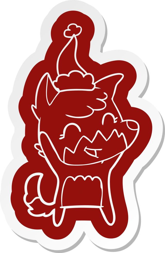 happy cartoon  sticker of a fox wearing santa hat vector