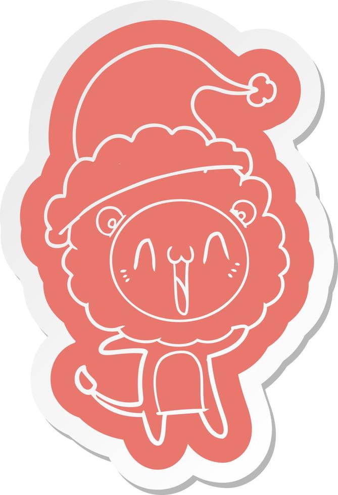 happy cartoon  sticker of a lion wearing santa hat vector