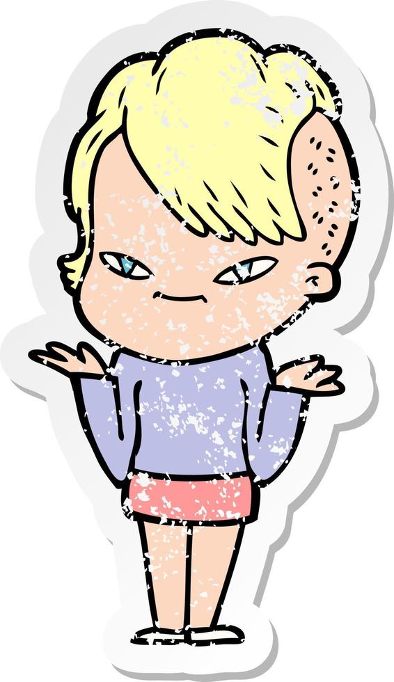 distressed sticker of a cute cartoon girl with hipster haircut vector