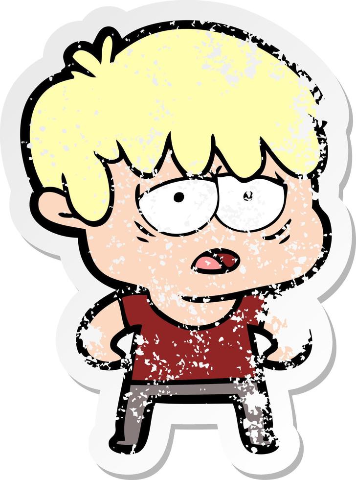 distressed sticker of a cartoon exhausted boy vector