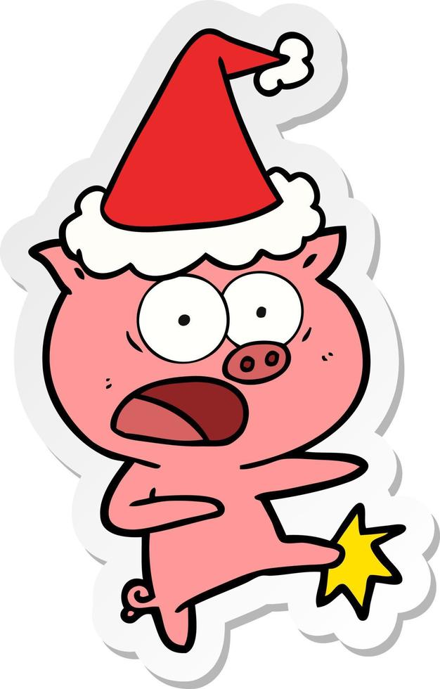 pegatina caricatura de un cerdo gritando y pateando con gorro de Papá Noel vector