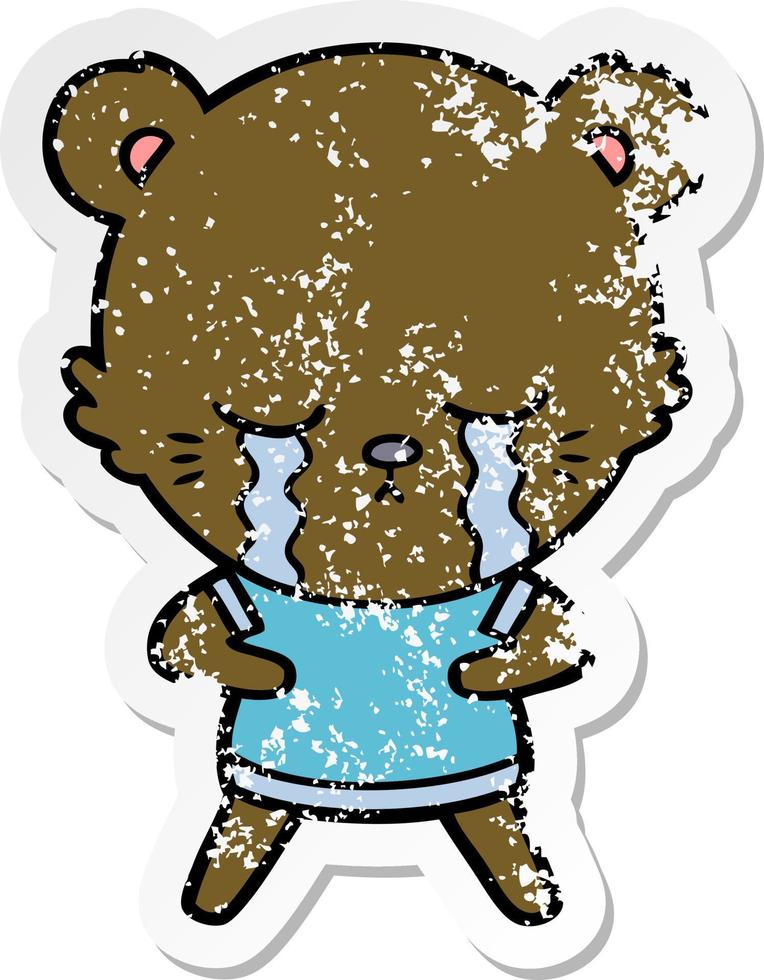 distressed sticker of a crying cartoon bear vector