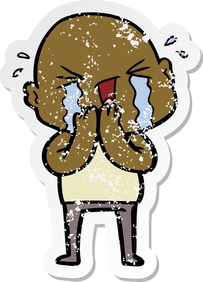 distressed sticker of a cartoon crying bald man vector