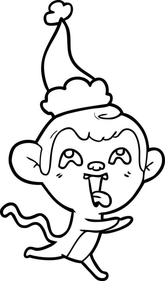 crazy line drawing of a monkey running wearing santa hat vector