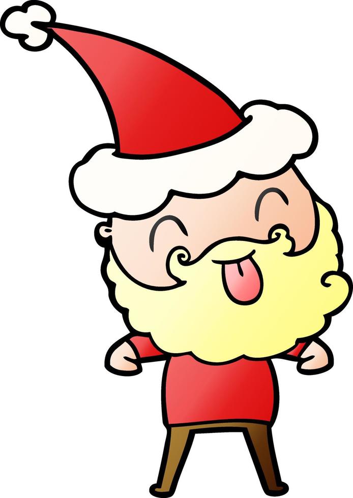 man with beard sticking out tongue wearing santa hat vector