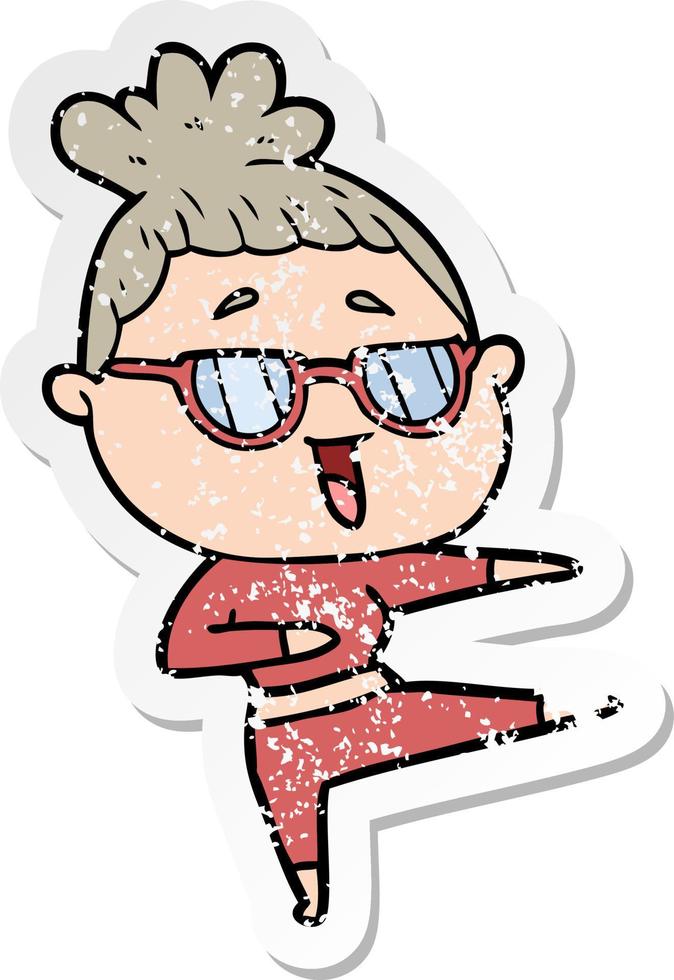 distressed sticker of a cartoon happy woman wearing spectacles vector
