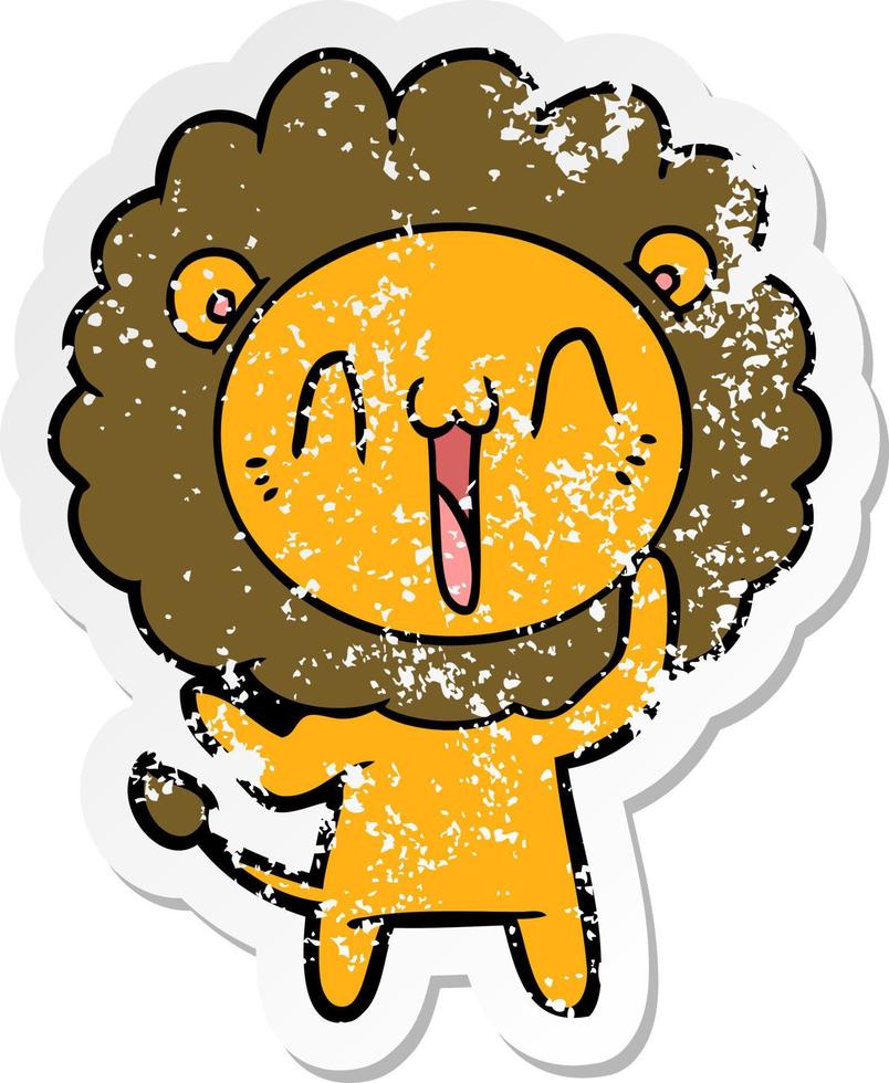 distressed sticker of a happy cartoon lion vector