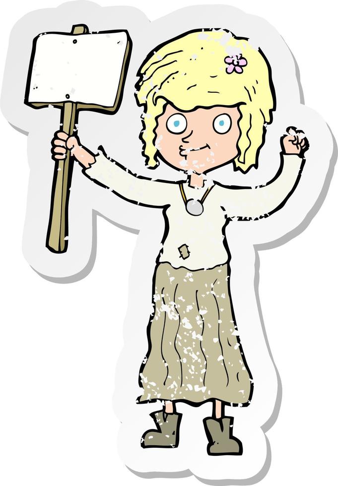 retro distressed sticker of a cartoon hippie girl with protest sign vector