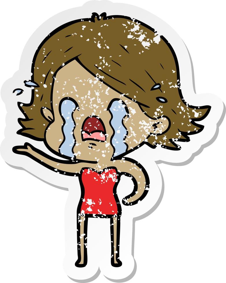 distressed sticker of a cartoon woman crying vector