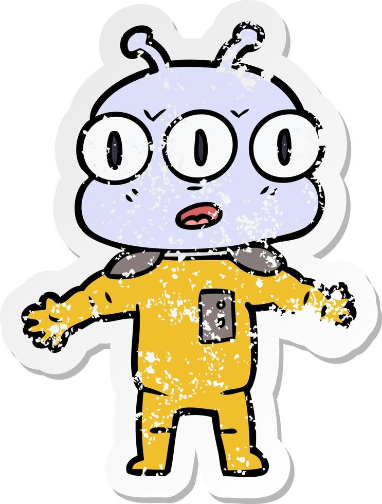 distressed sticker of a cartoon three eyed alien vector