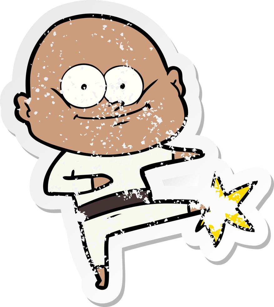 distressed sticker of a cartoon bald man karate kicking vector