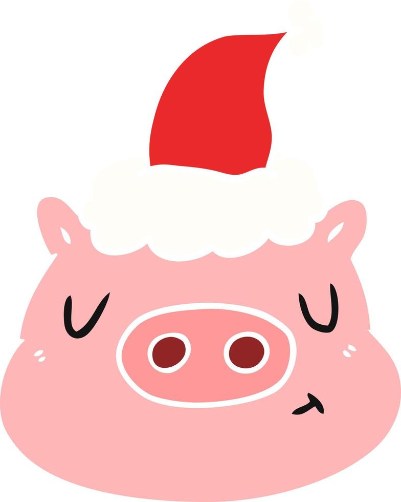 flat color illustration of a pig face wearing santa hat vector