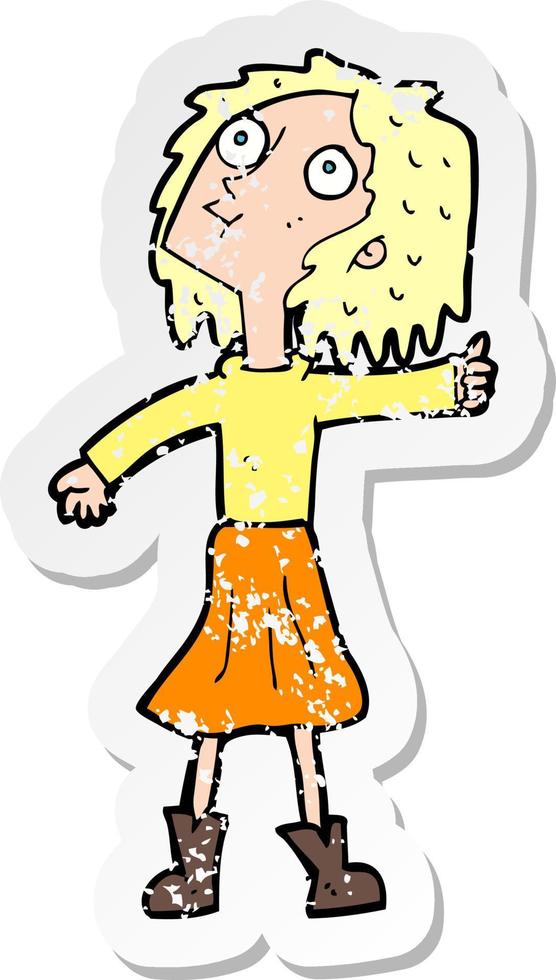 retro distressed sticker of a cartoon woman looking up to the sky vector