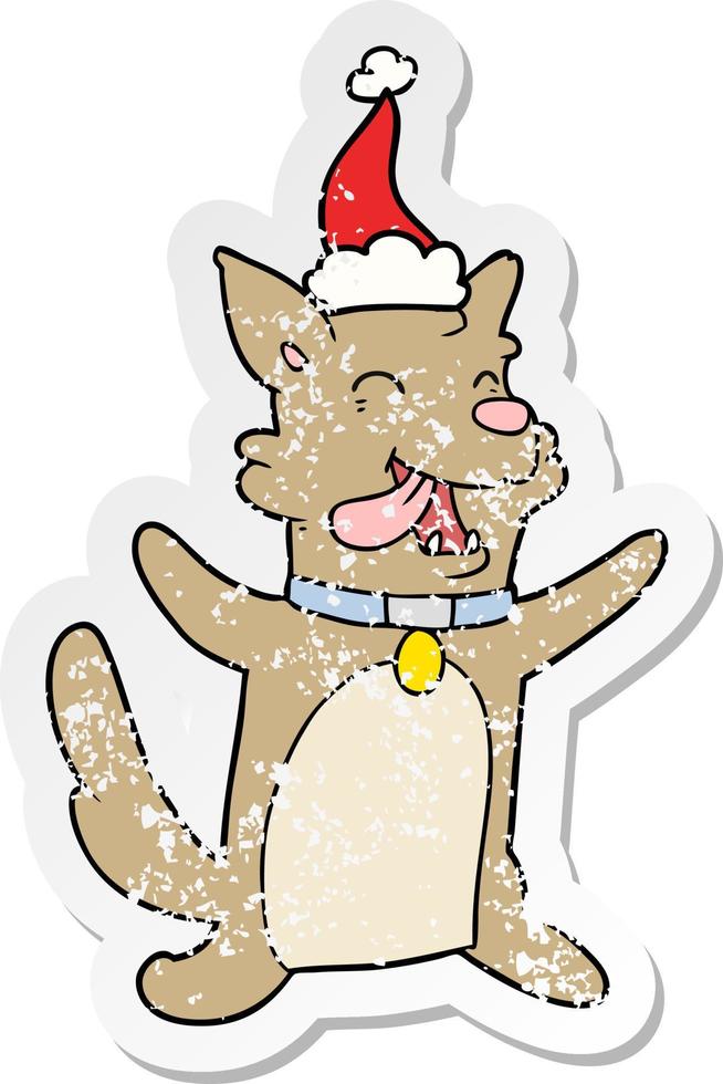 pegatina angustiada caricatura de un perro feliz con gorro de Papá Noel vector
