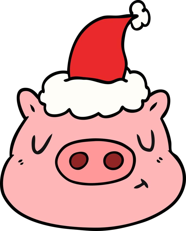 line drawing of a pig face wearing santa hat vector