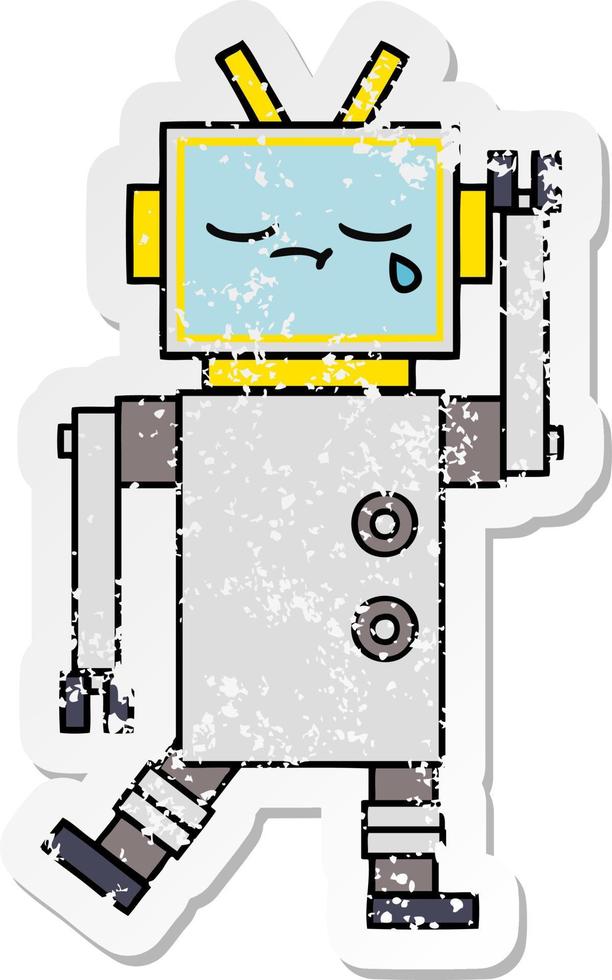 distressed sticker of a cute cartoon crying robot vector