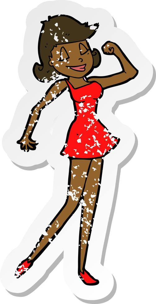 retro distressed sticker of a cartoon woman with can do attitude vector