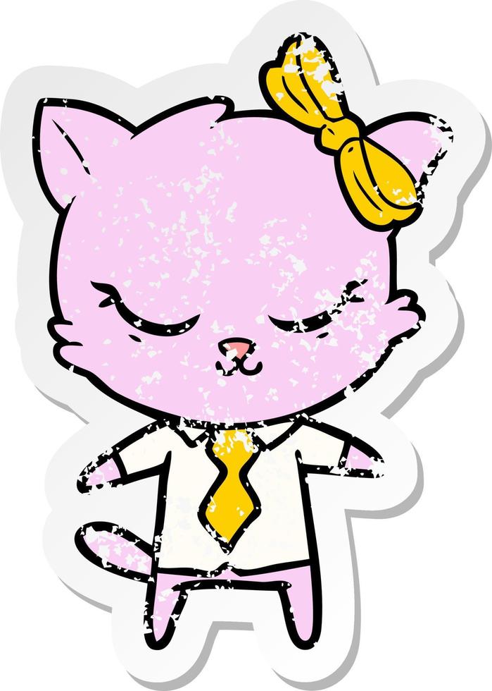 distressed sticker of a cute cartoon business cat with bow vector