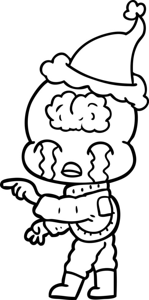 line drawing of a big brain alien crying and pointing wearing santa hat vector