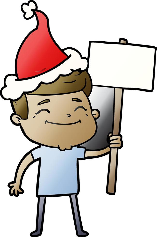 happy gradient cartoon of a man with placard wearing santa hat vector
