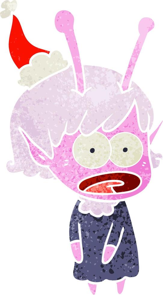 retro cartoon of a shocked alien girl wearing santa hat vector