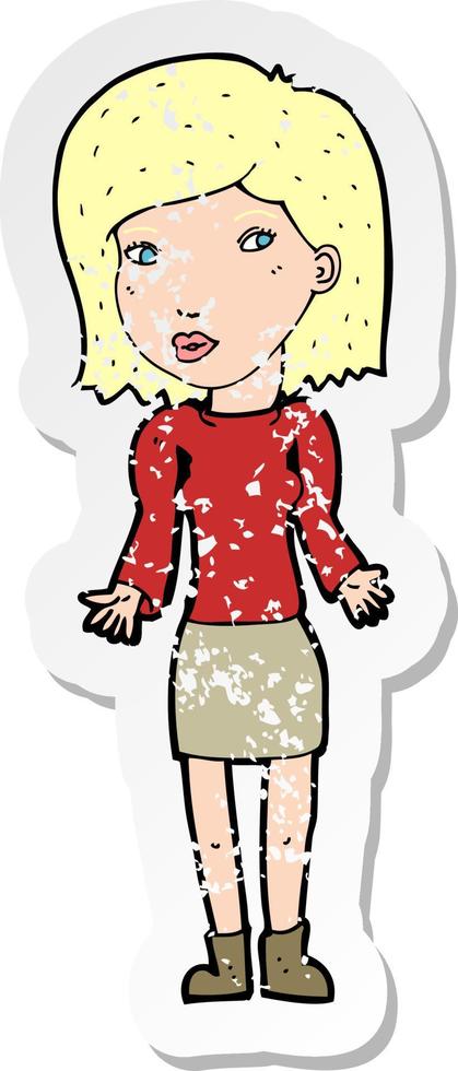 retro distressed sticker of a cartoon woman shrugging shoulders vector