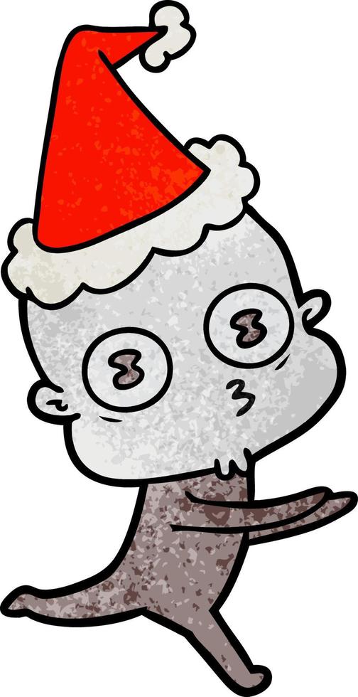 textured cartoon of a weird bald spaceman running wearing santa hat vector