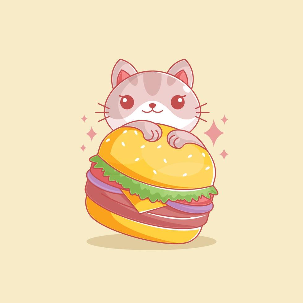 Cute cat eating burgers cartoon vector