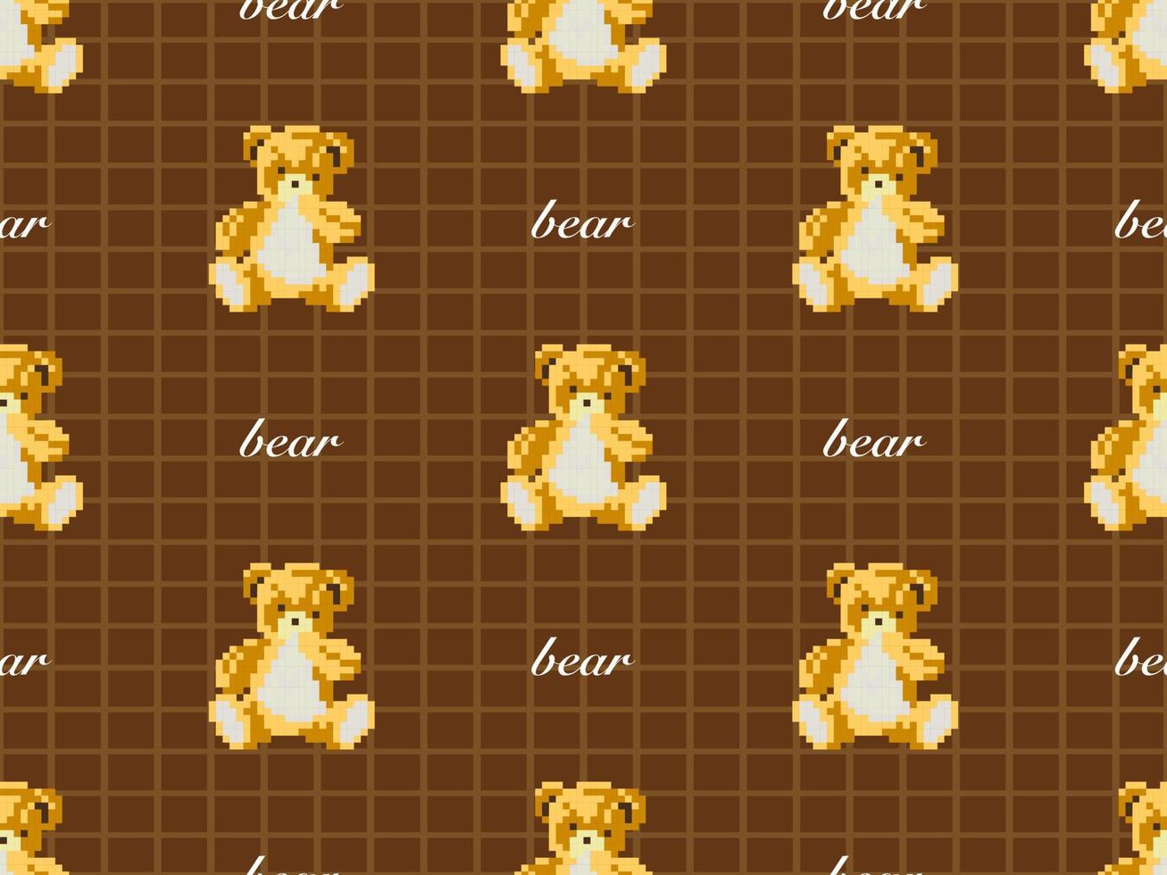 Bear cartoon character seamless pattern on brown background.  Pixel style vector