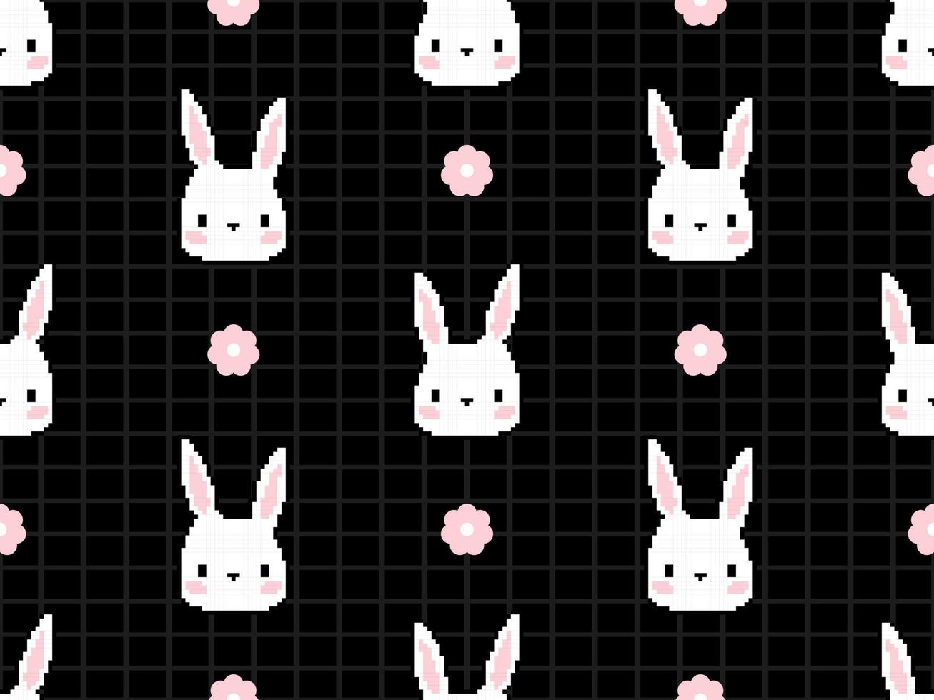 Rabbit cartoon character seamless pattern on black background.  Pixel style vector